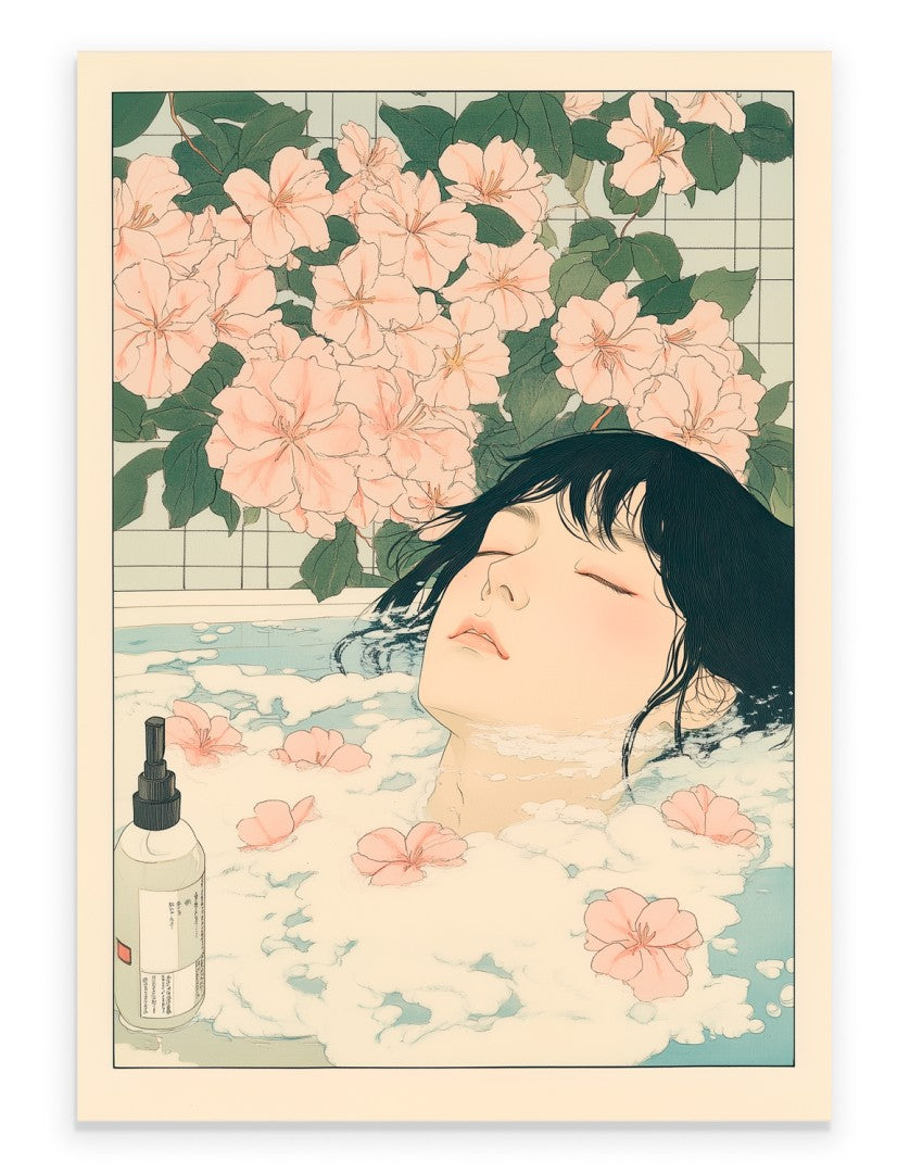 Woman soaking in a floral bubble bath with soft pink flowers and calm water