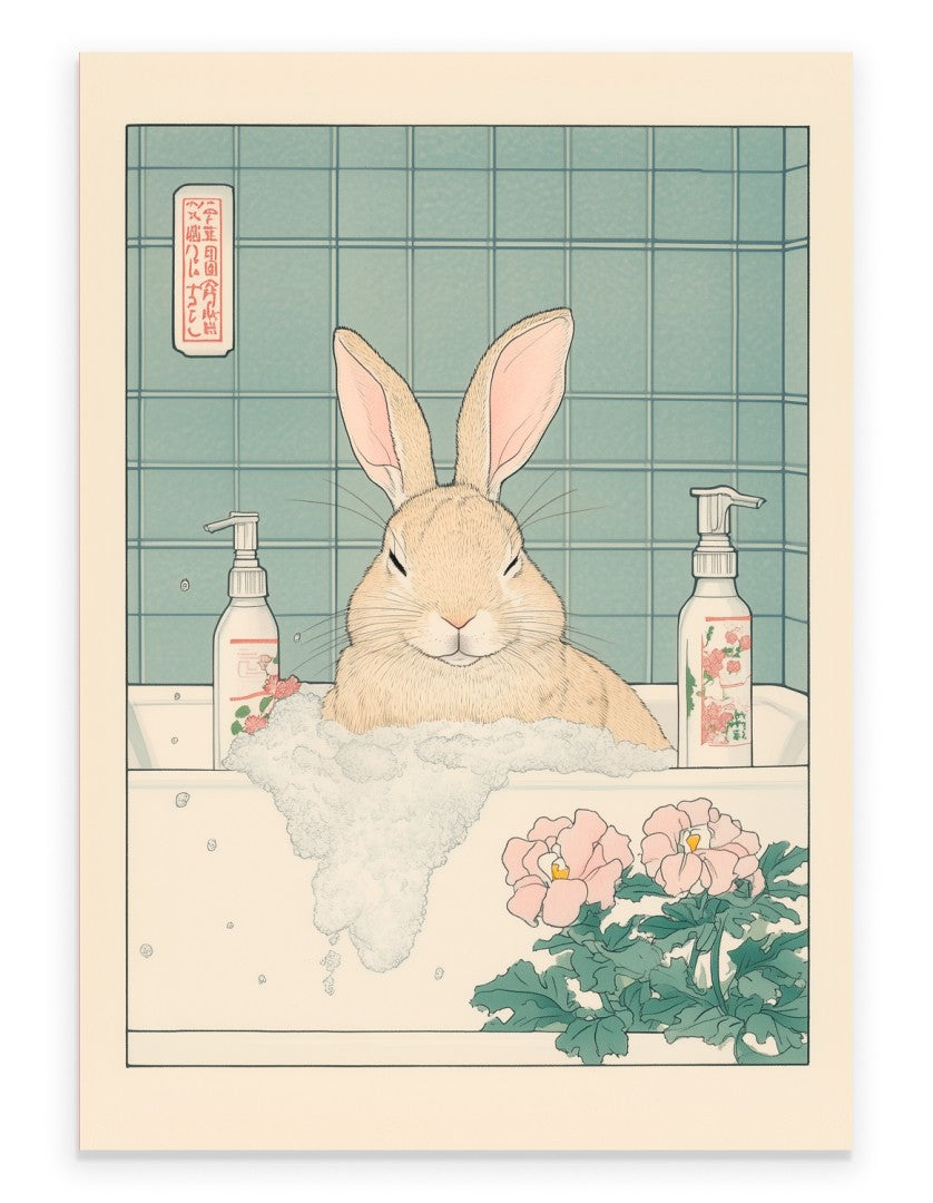 Art print of a bunny in a floral bubble bath with a calm expression