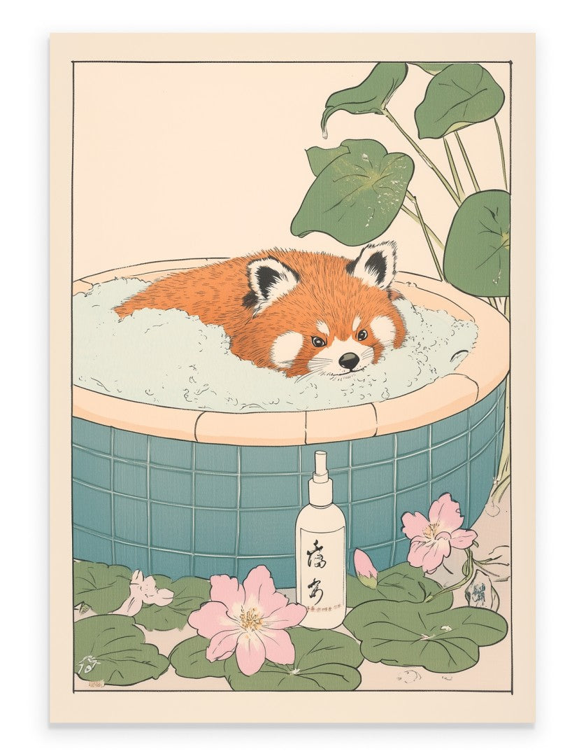 Art print of a red panda relaxing in a floral bubble bath with soft green tile