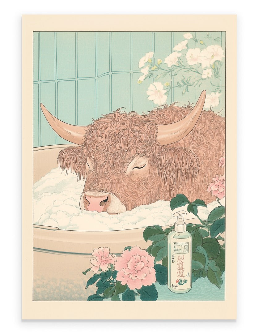Art print of a highland cow soaking in a floral bath with pastel tile and soft blooms