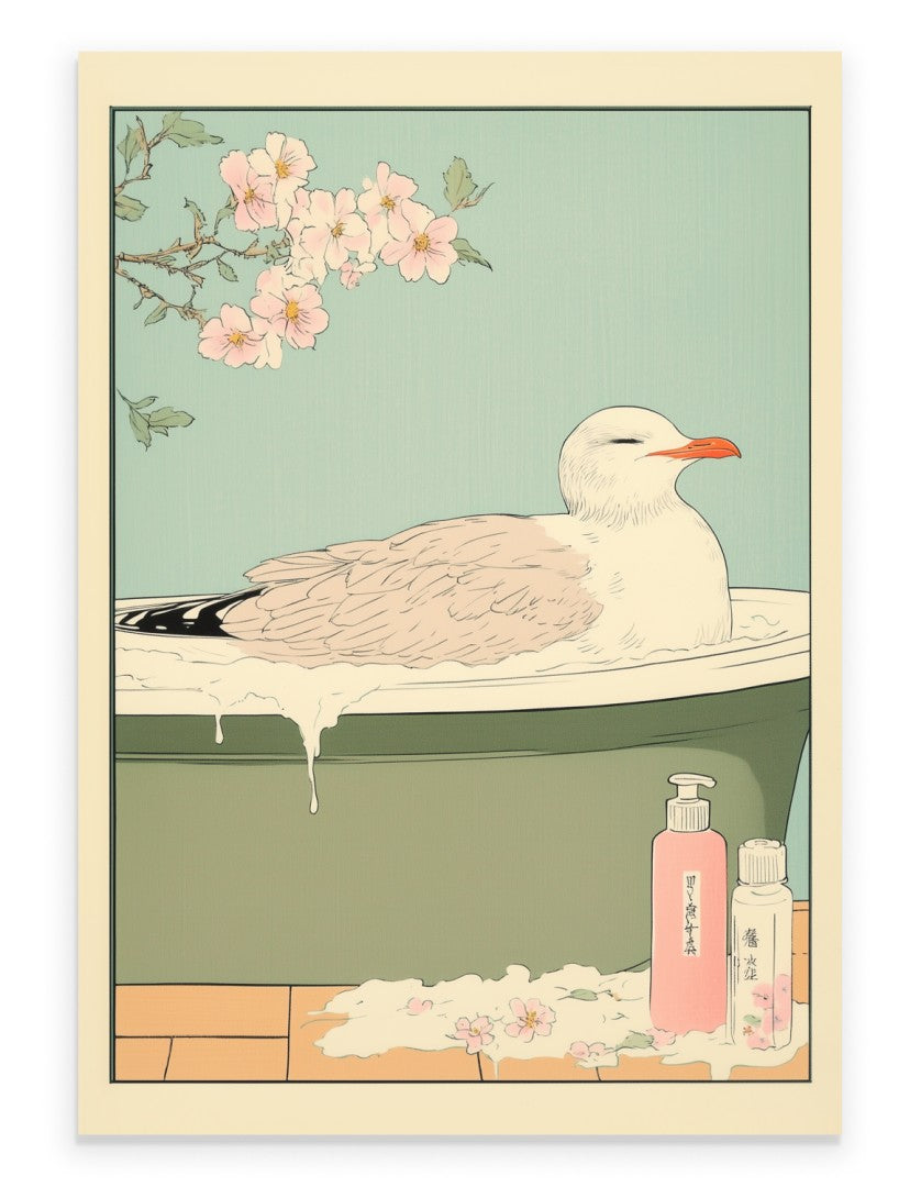 Seagull soaking in a Japanese floral bath with steam, petals, and leaves