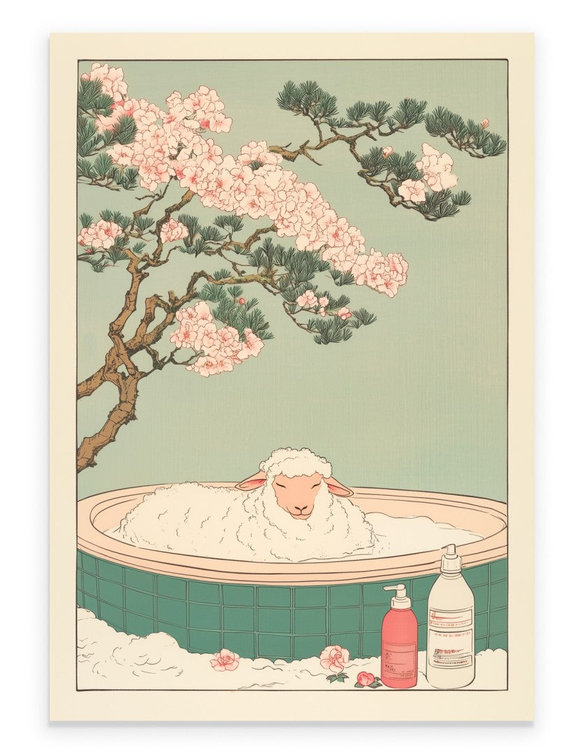 Art print of a fluffy sheep lounging in a tiled bathtub with cherry blossoms