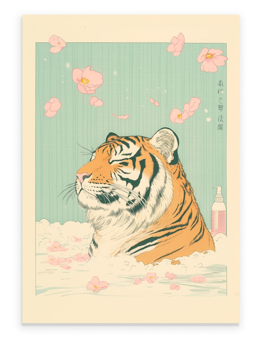 Japanese-style art print of a tiger in a petal-filled bath