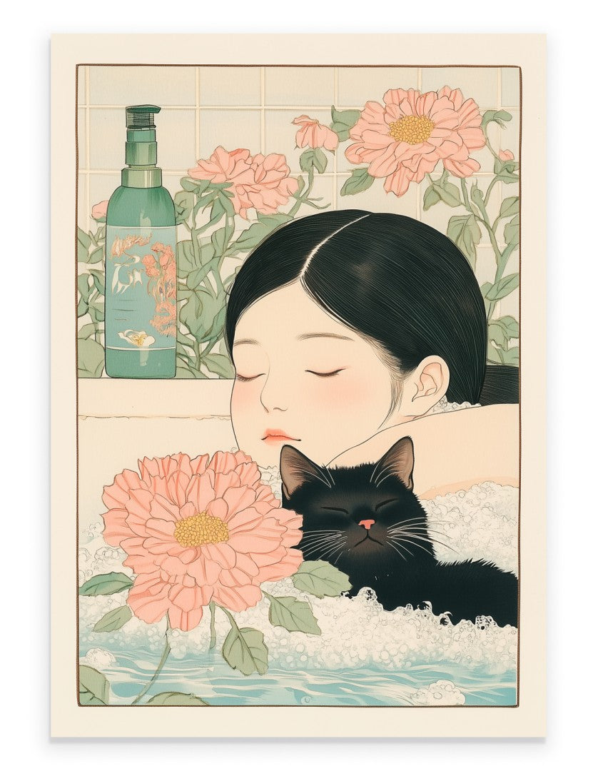 Art print showing black cat and girl resting in a tub