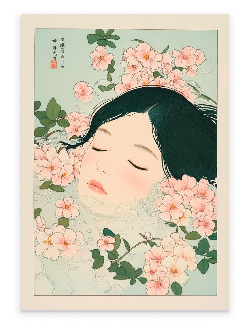 Art print of girl floating in flower-filled bath