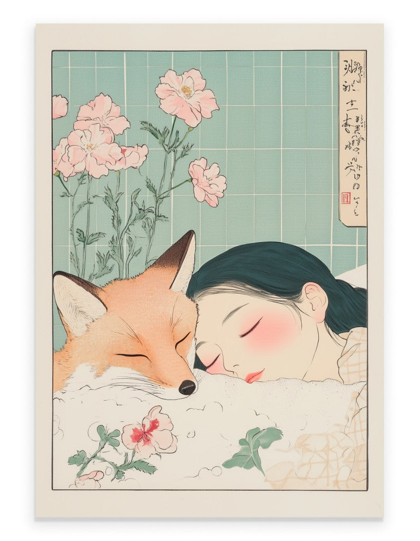 Fille et Renard - Affiche de Salle de Bain Japonaise