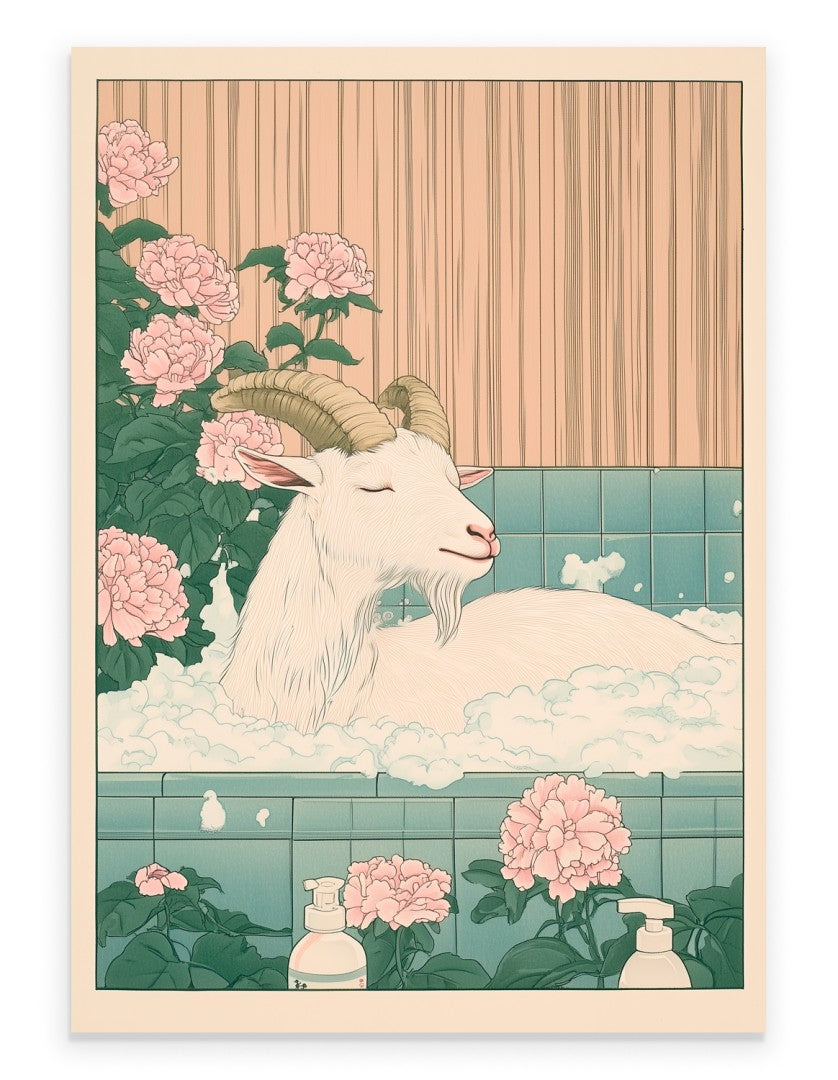 Art print of a horned goat resting in a bubble bath with pink peonies