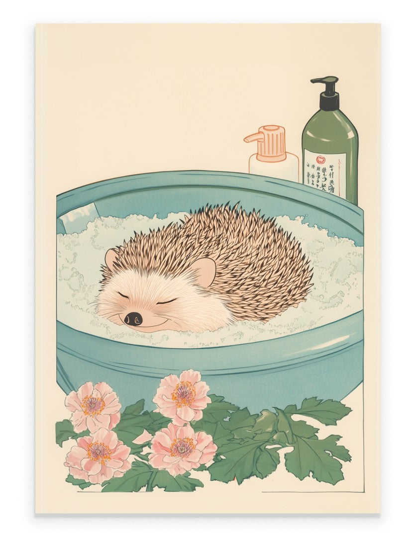 Art print of a hedgehog soaking in a blue tub with bubbles and pink flowers