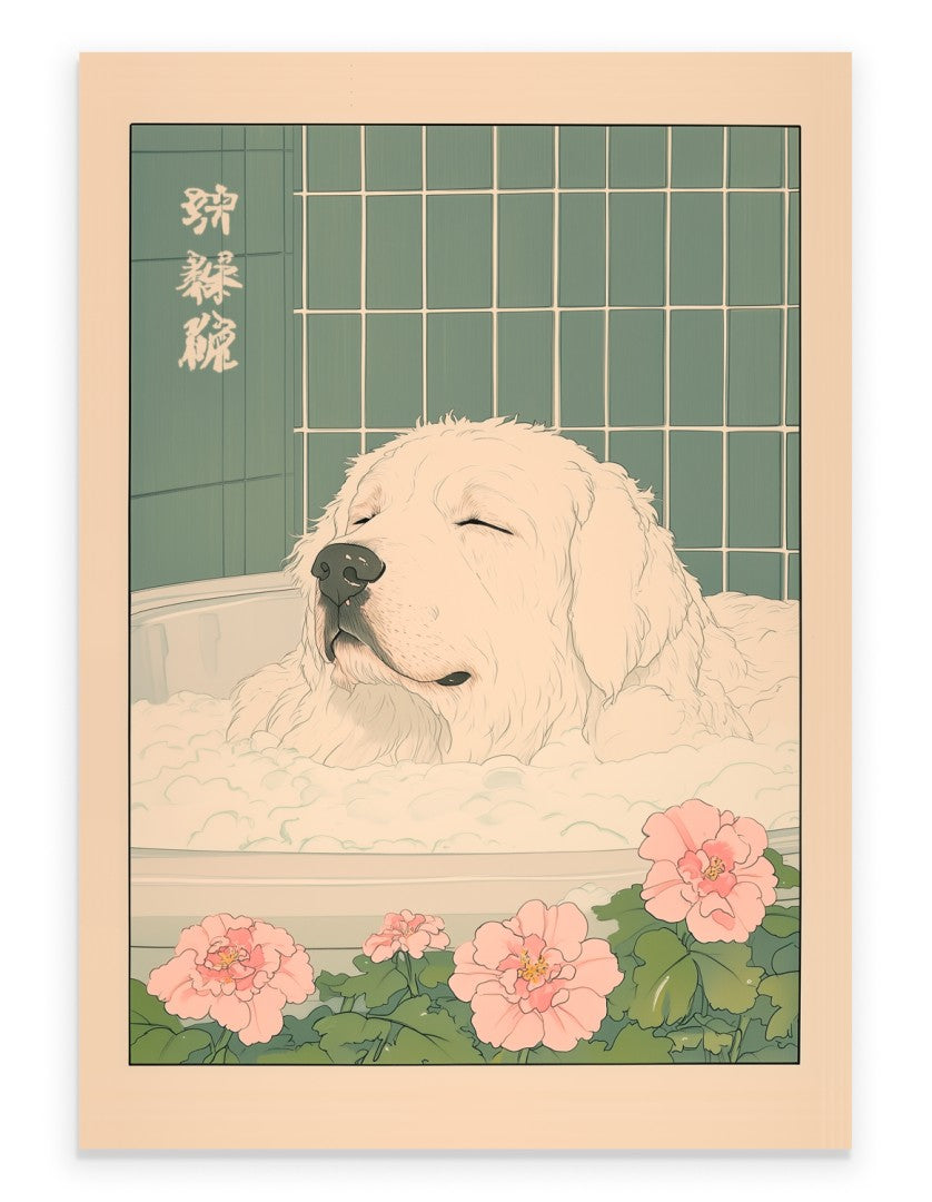 Art print of a Great Pyrenees soaking in a bubble bath with pink flowers and green tiles