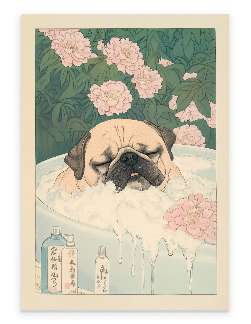 Japanese style pug soaking in bathtub bathroom art print