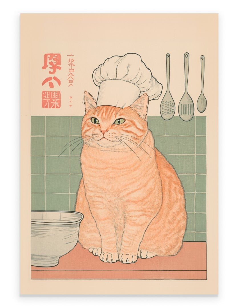 Orange tabby cat wearing chef’s hat in a kitchen setting