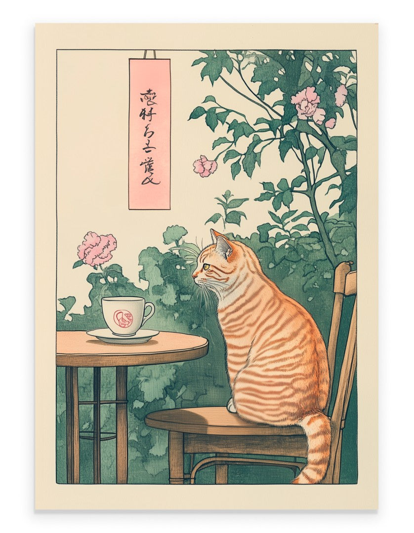 Art print of an orange tabby cat sitting at a wooden table with tea and flowers