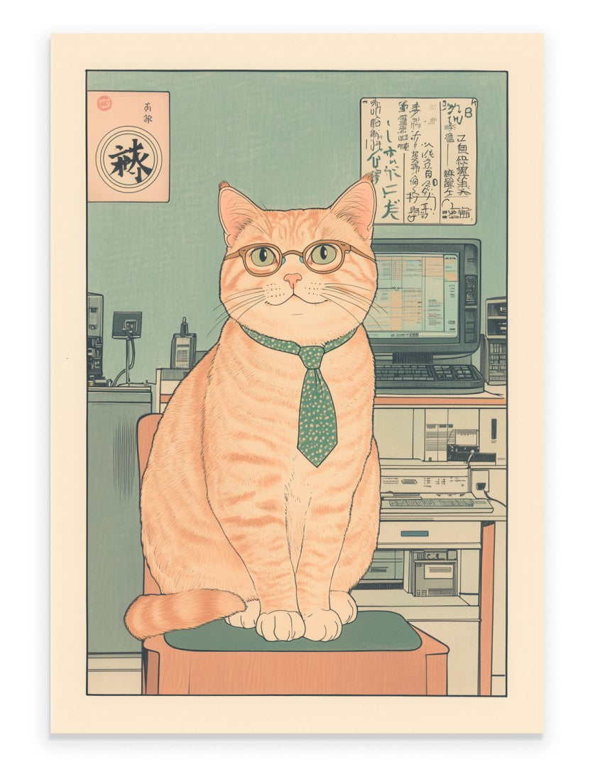 Orange tabby cat in glasses and tie sitting at a desk with a vintage computer