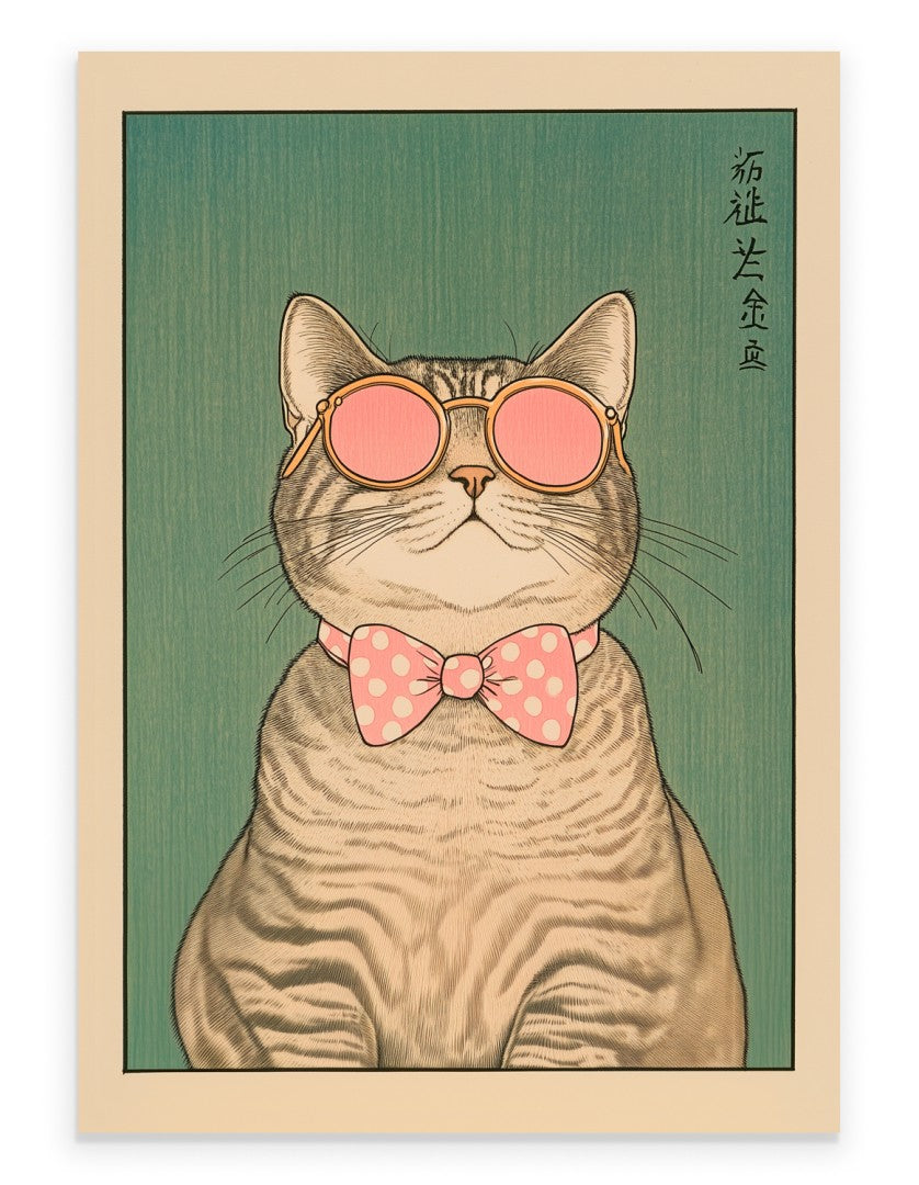 Tabby cat wearing pink sunglasses and polka-dot bow tie