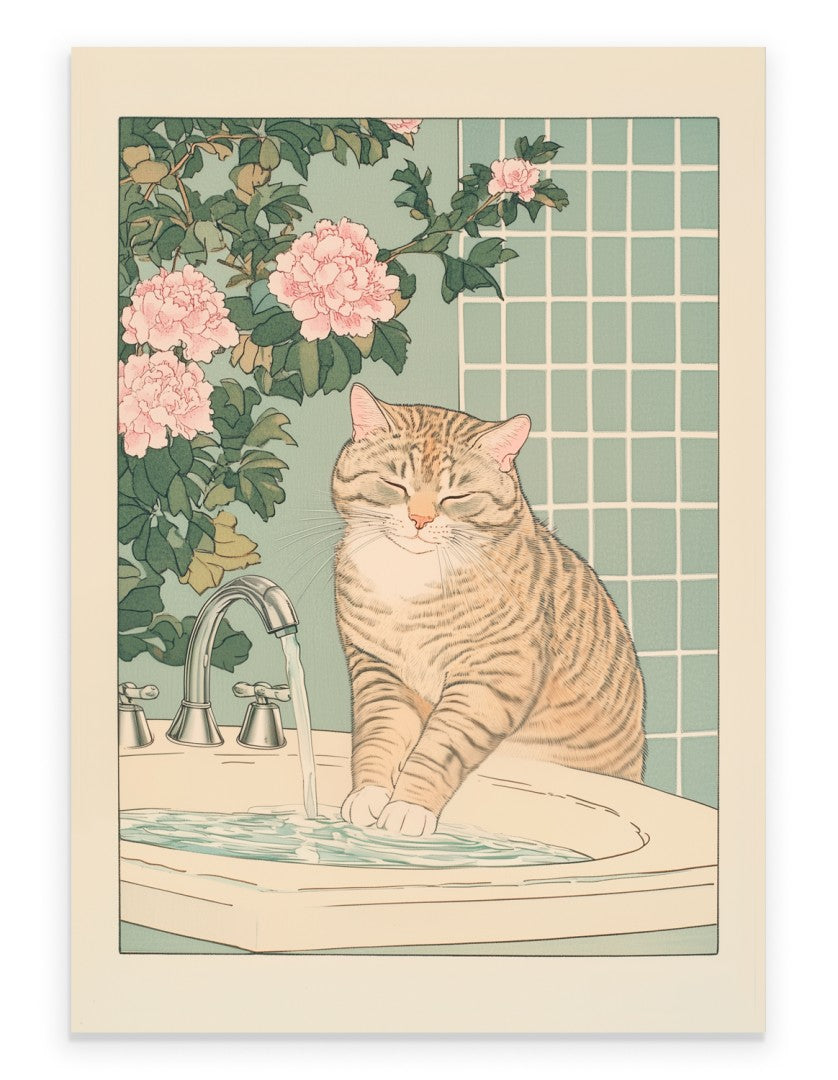 Tabby cat washing paws in a sink water with floral tiles
