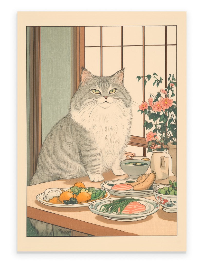 Framed artwork of a fluffy grey cat beside a traditional Japanese meal