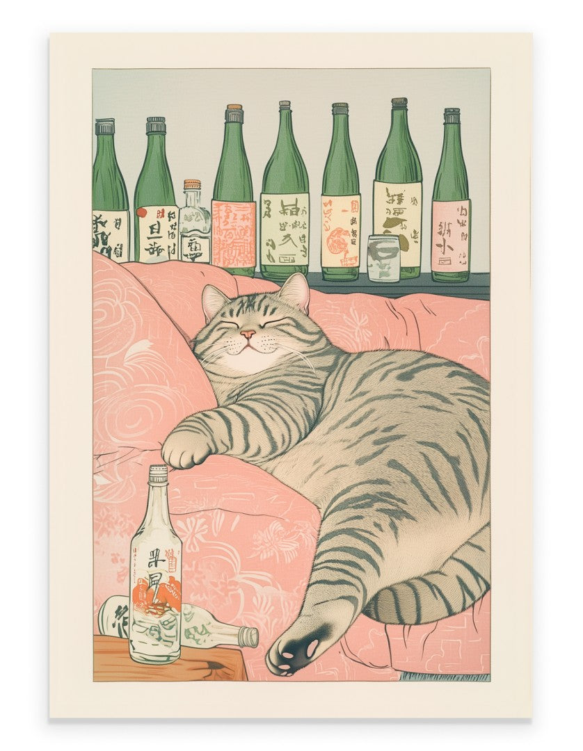 Cat art print with a tabby resting among empty sake bottles