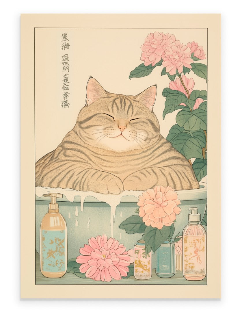 Japanese bathroom with a tabby cat