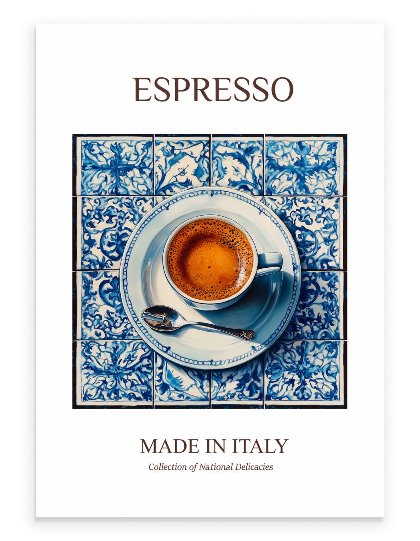 Espresso cup art print on blue patterned tiles in Italian style