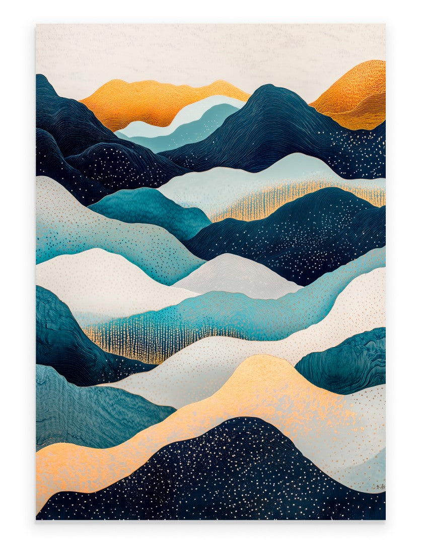 Abstract mountain art print with layered navy and gold hills