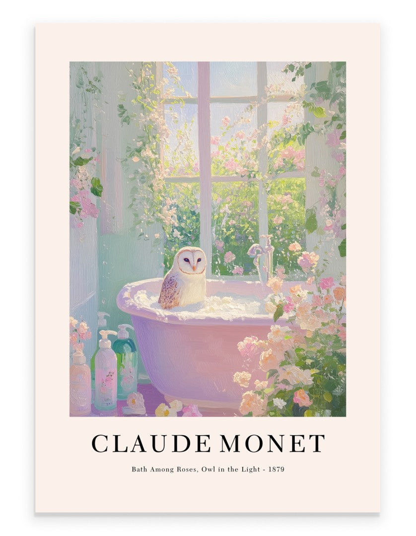 Barn owl bathroom art print in Monet inspired impressionist style