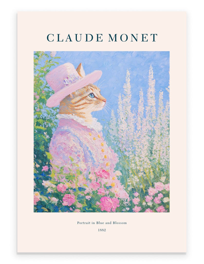 Monet inspired cat portrait art print in impressionist floral style