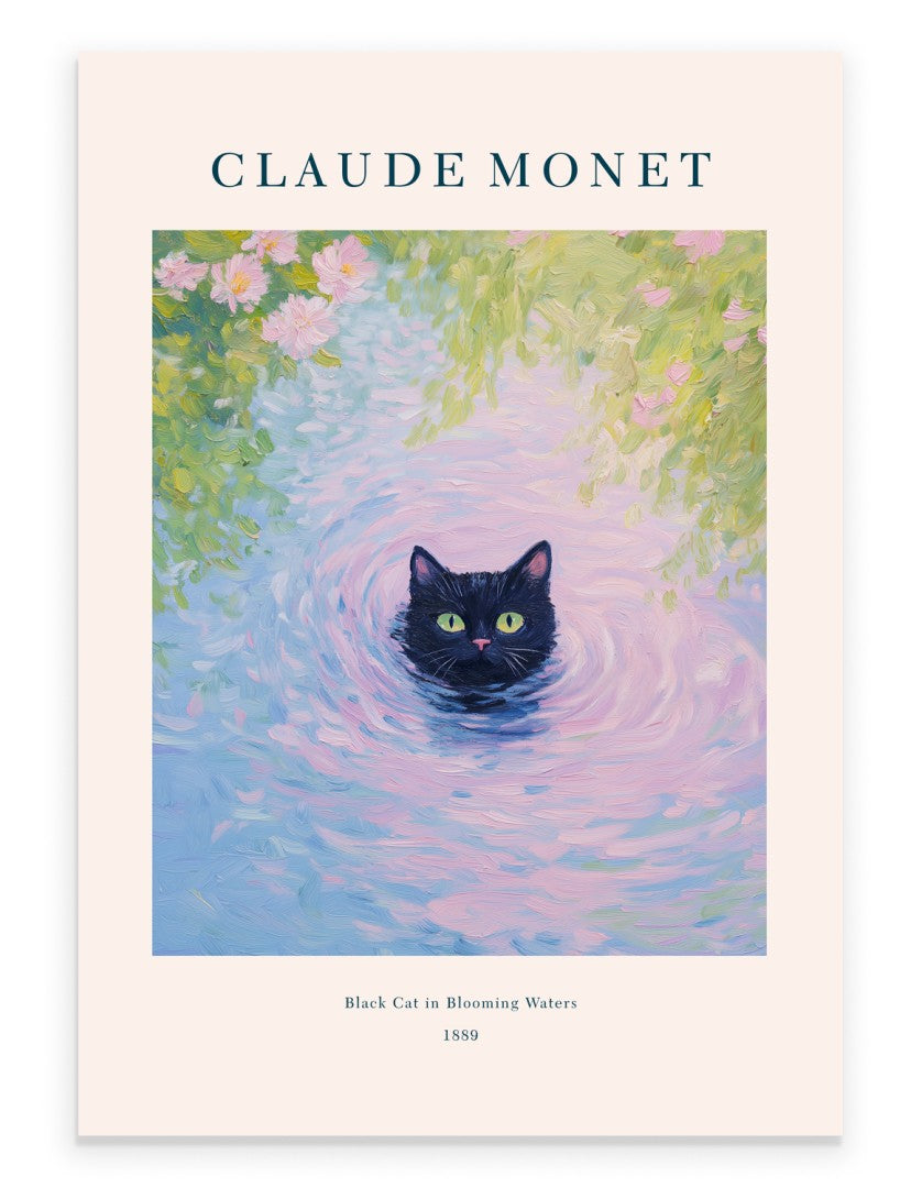 Monet inspired black cat in water art print with blossoms