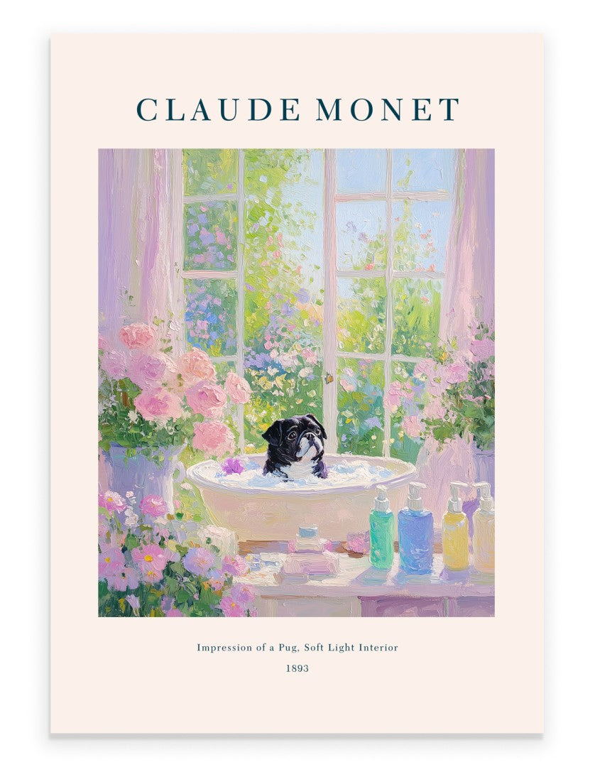 Claude Monet inspired Pug bathroom art print with pastel flowers