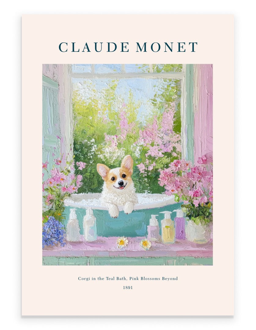Corgi dog in teal bathtub with blossoms, impressionist bathroom art print