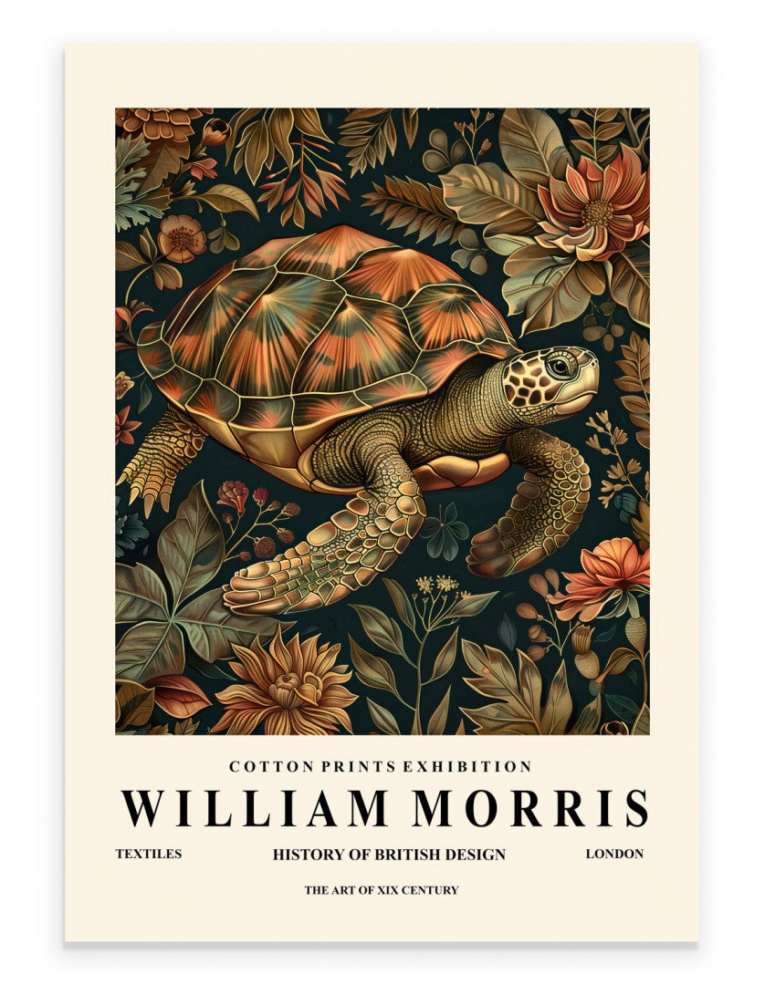Turtle art print with ornate botanical background in William Morris inspired style