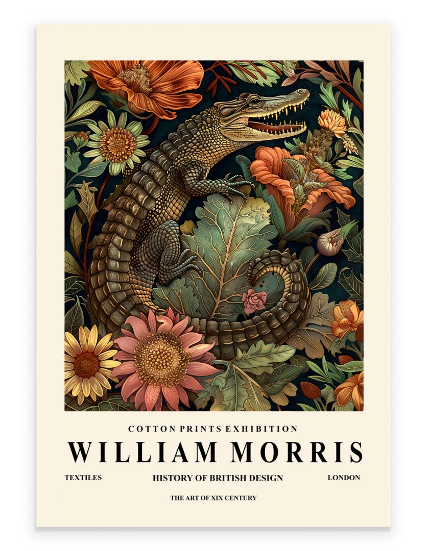 Crocodile art print with ornate botanical background in William Morris inspired style