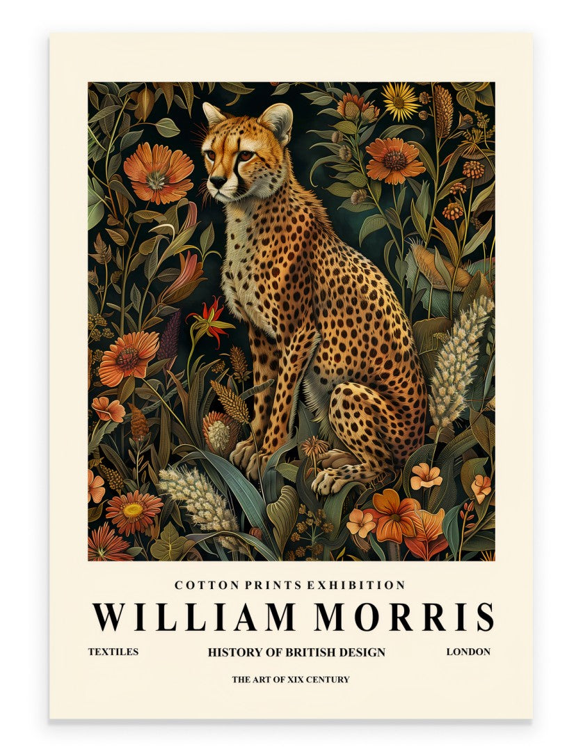Cheetah art print with ornate botanical background in William Morris inspired style