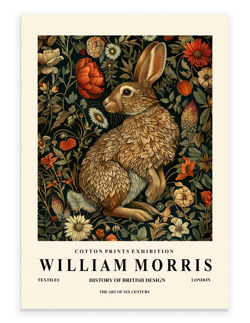 Rabbit art print with ornate botanical background in William Morris inspired style