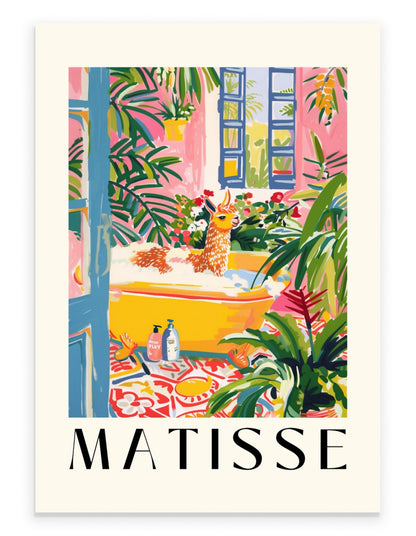 Playful llama bathing scene in Henri Matisse inspired style with bold strokes, greenery, and floral charm - vibrant bathroom print