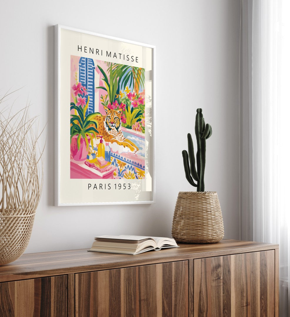 Framed colorful lynx bath wall art print in Henri Matisse inspired style with lush greenery, flowers, and Parisian view - decorative bathroom print for wall decor