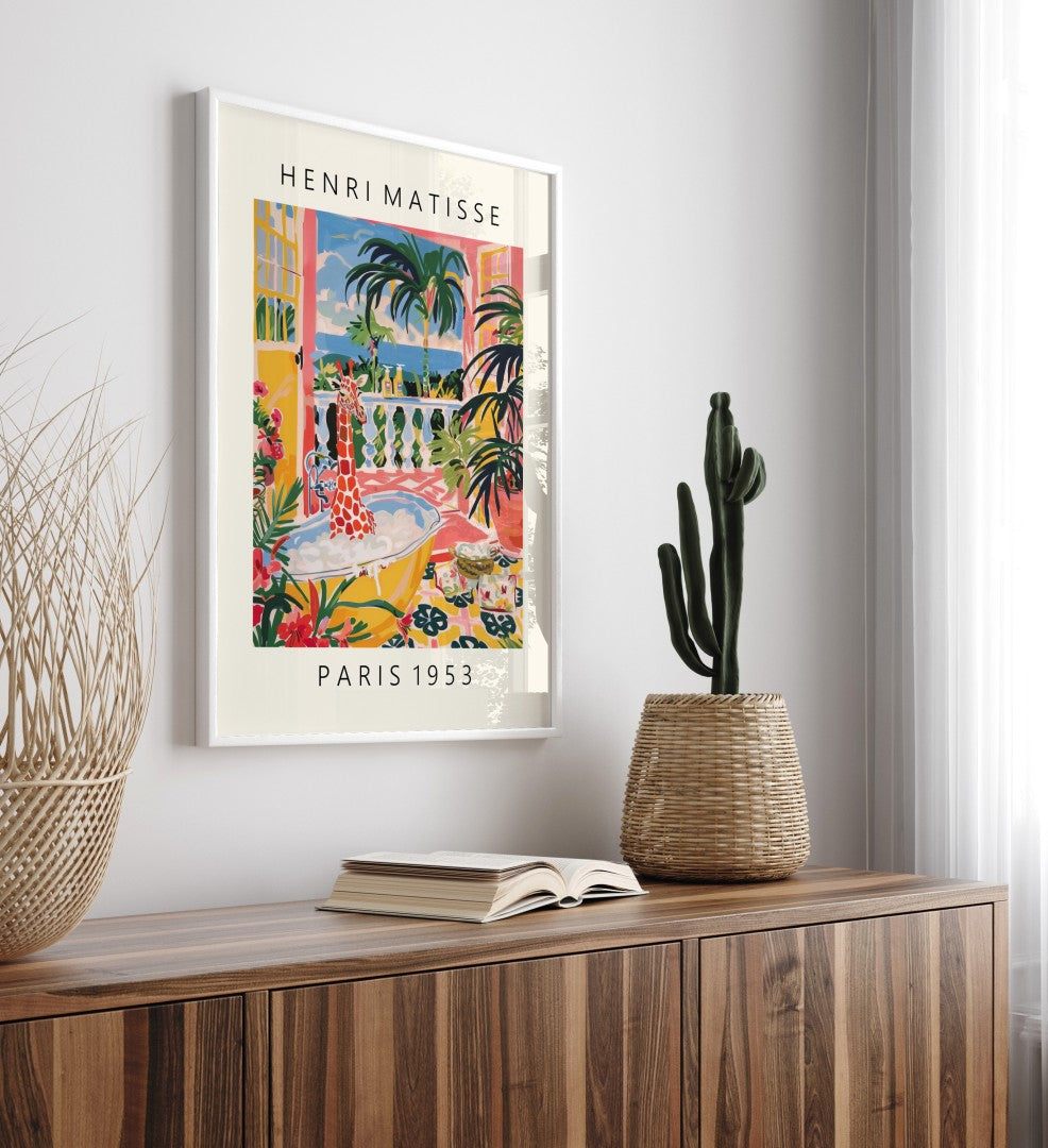 Framed colorful giraffe bath artwork in Henri Matisse inspired style with ocean view, palm trees, and bold colors - bathroom art print for wall decoration