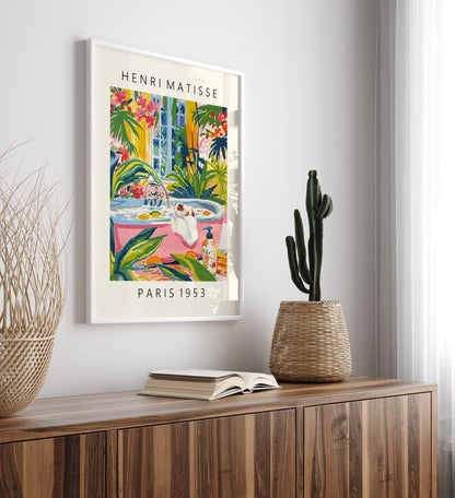 Matisse-style bath scene with guinea pig and tropical plants – whimsical poster decor