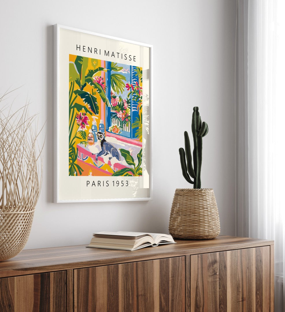 Tropical Matisse-style framed wall art with a lemur soaking in a bath