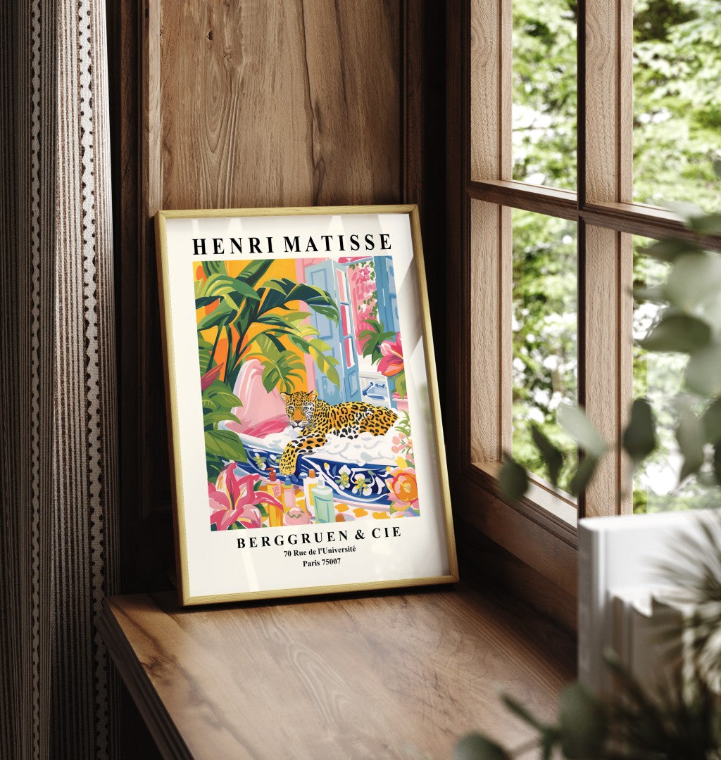 Framed art print of a leopard in a bubble bath - Henri Matisse inspired