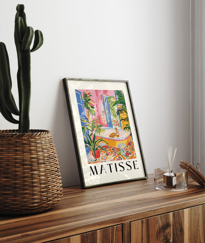 Henri Matisse inspired framed print showing a whimsical rabbit in a floral and tropical bathroom setting.