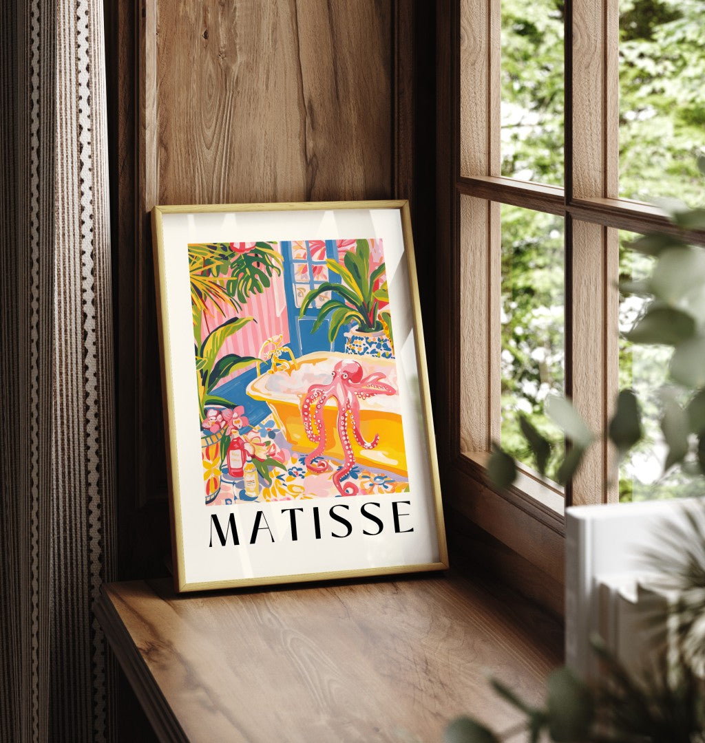 Tropical wall art print with pink octopus and lush plants.