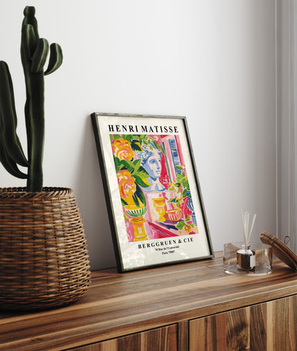Framed art print with floral background and bust in expressive painterly style.