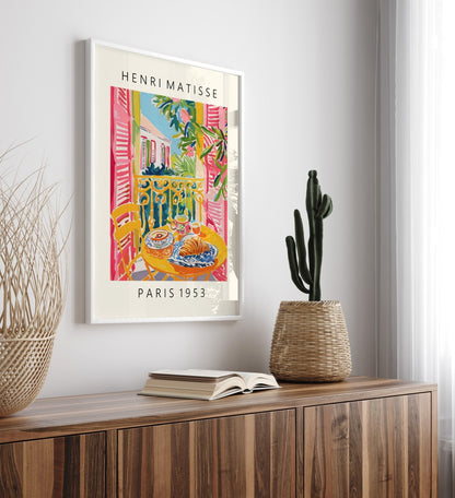 Matisse-inspired framed print of a vibrant French breakfast setting.