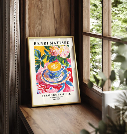 Framed coffee art print in Matisse style with latte art and bold colors