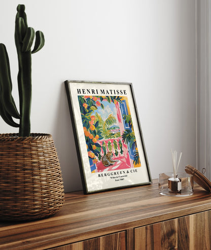 Colorful Henri Matisse inspired framed art print of leopard on balcony
