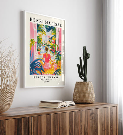 Modern framed art print inspired by Matisse showing yoga scene with plants
