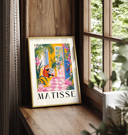 Matisse-style art print with a red panda in a colorful, plant-filled space.