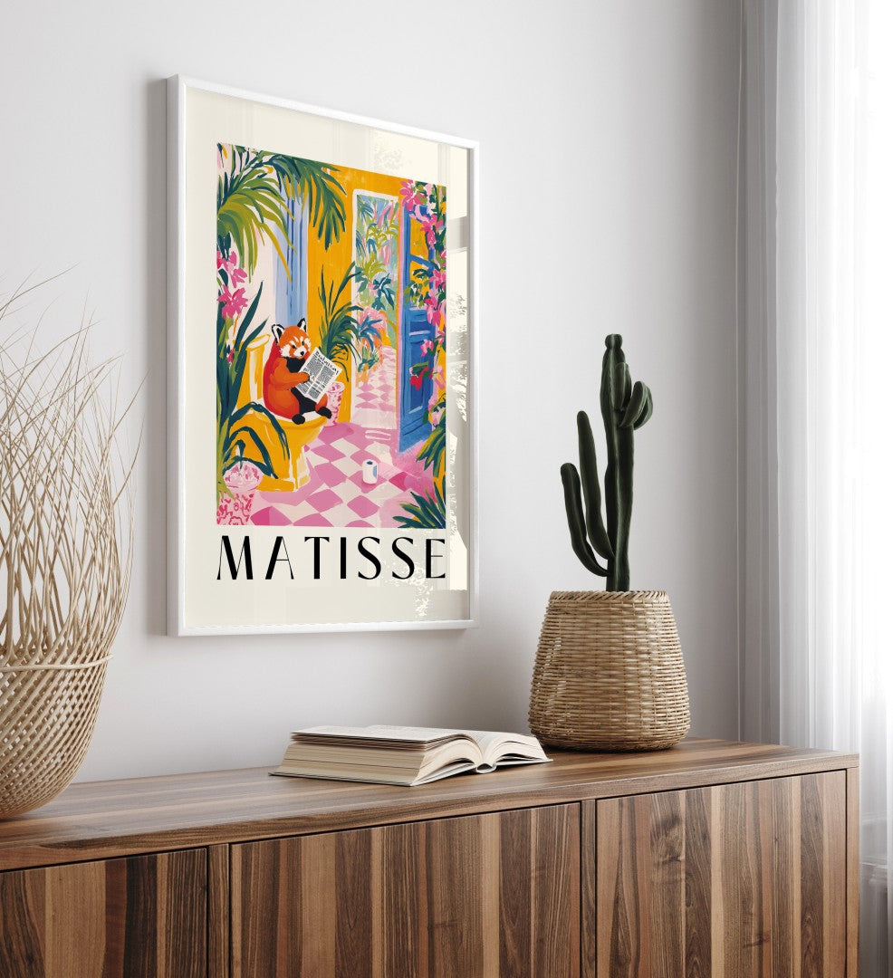 Playful bathroom wall art featuring a red panda and vibrant florals.