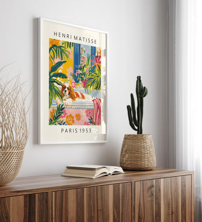 Bright wall art depicting a Cavalier King Charles Spaniel in a plant-filled interior.