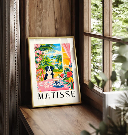 Framed Border Collie art print in Matisse style with tropical plants